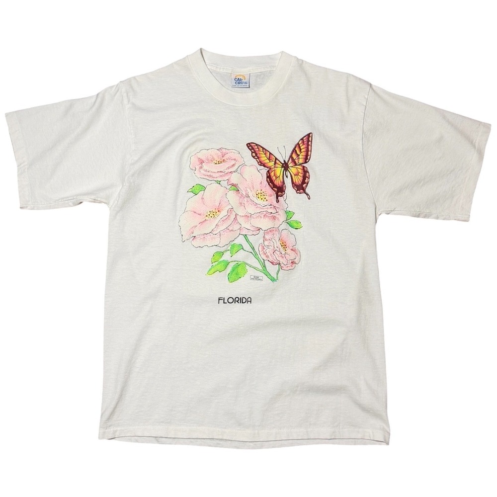 Vintage 80s Florida State Butterfly Flower Puff Print Graphic Souvenir T-shirt